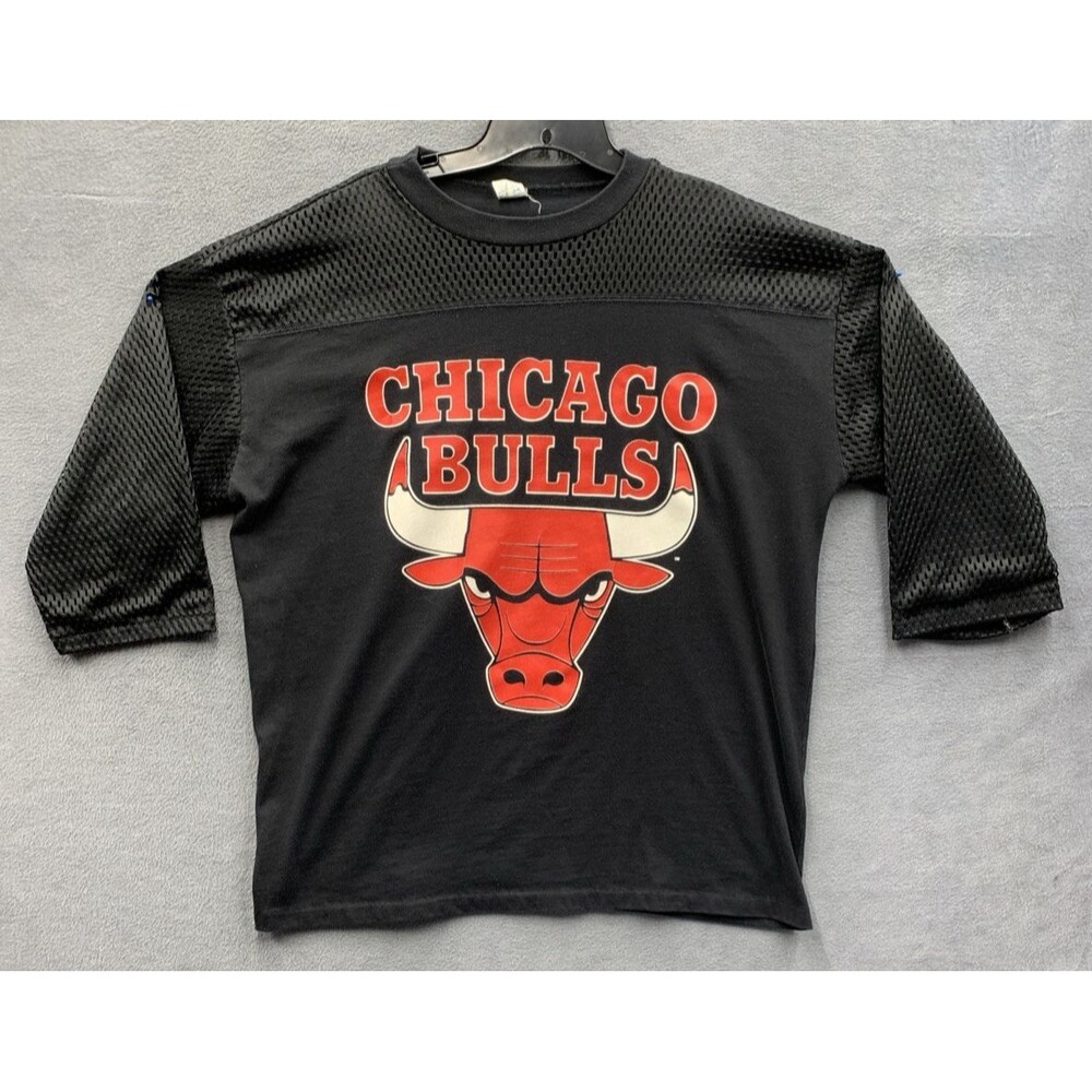 Vintage Artex Fishnet Shirt Mens XL Chicago Bulls 3/4 Sleeves Black Red Logo